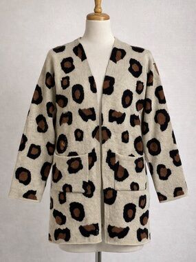 Leopard Print Open Front Cardigan Size 14 Cozy Knit Pockets Trendy